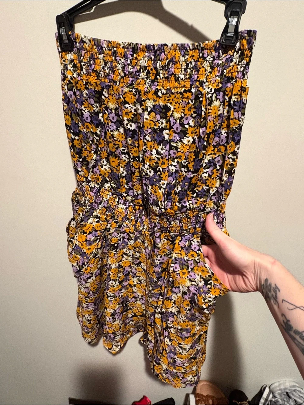 Floral Smocked Waist Strapless Romper in Yellow & Purple
